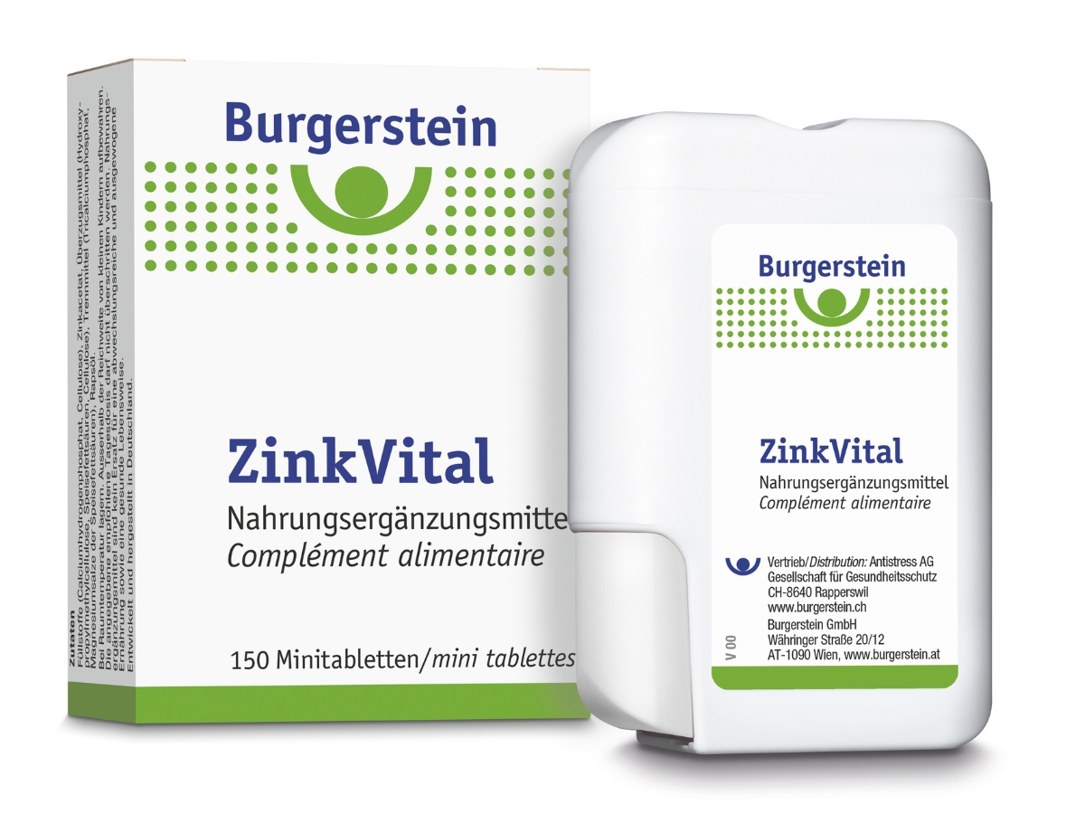 Bild_Packshot_Burgerstein_ZinkVital_5_mg_NEM_Schachtel_und_Dispenser_150_Mini-Tabletten