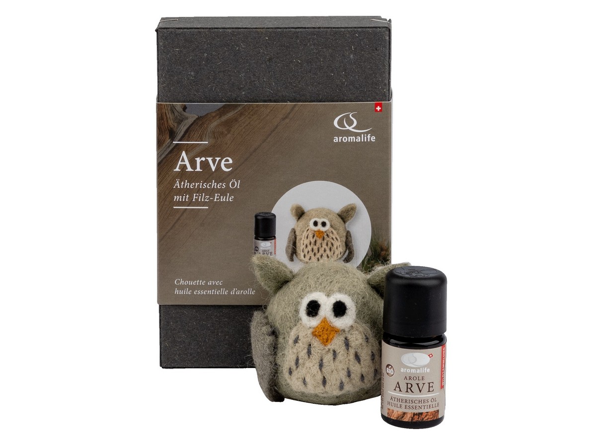 Filz Eule mit äth. Öl Arve 5 ml Geschenkset