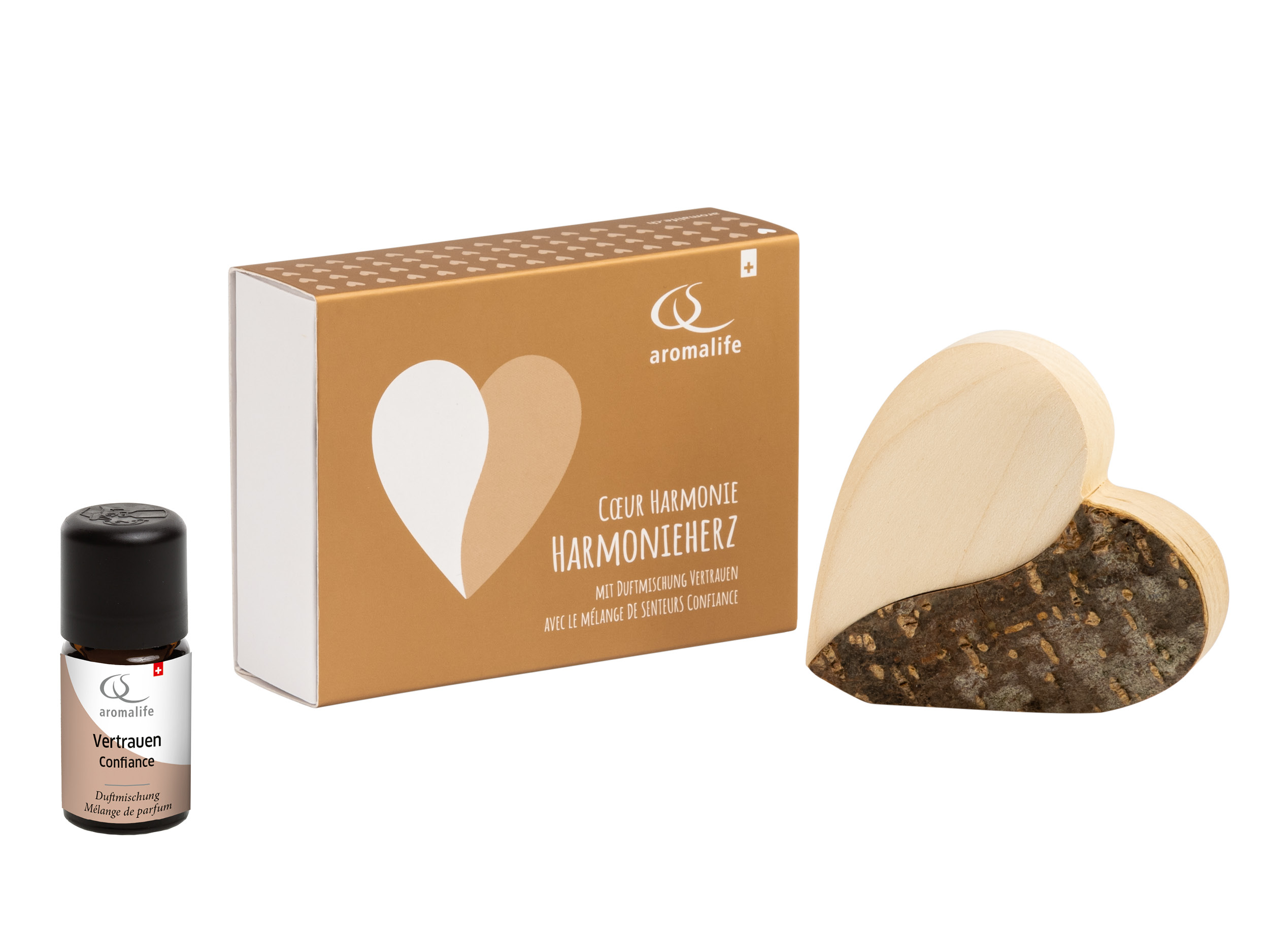 Harmonie-Herz aus Holz 7cm inkl Duftmischung Vertrauen 5ml Geschenkset