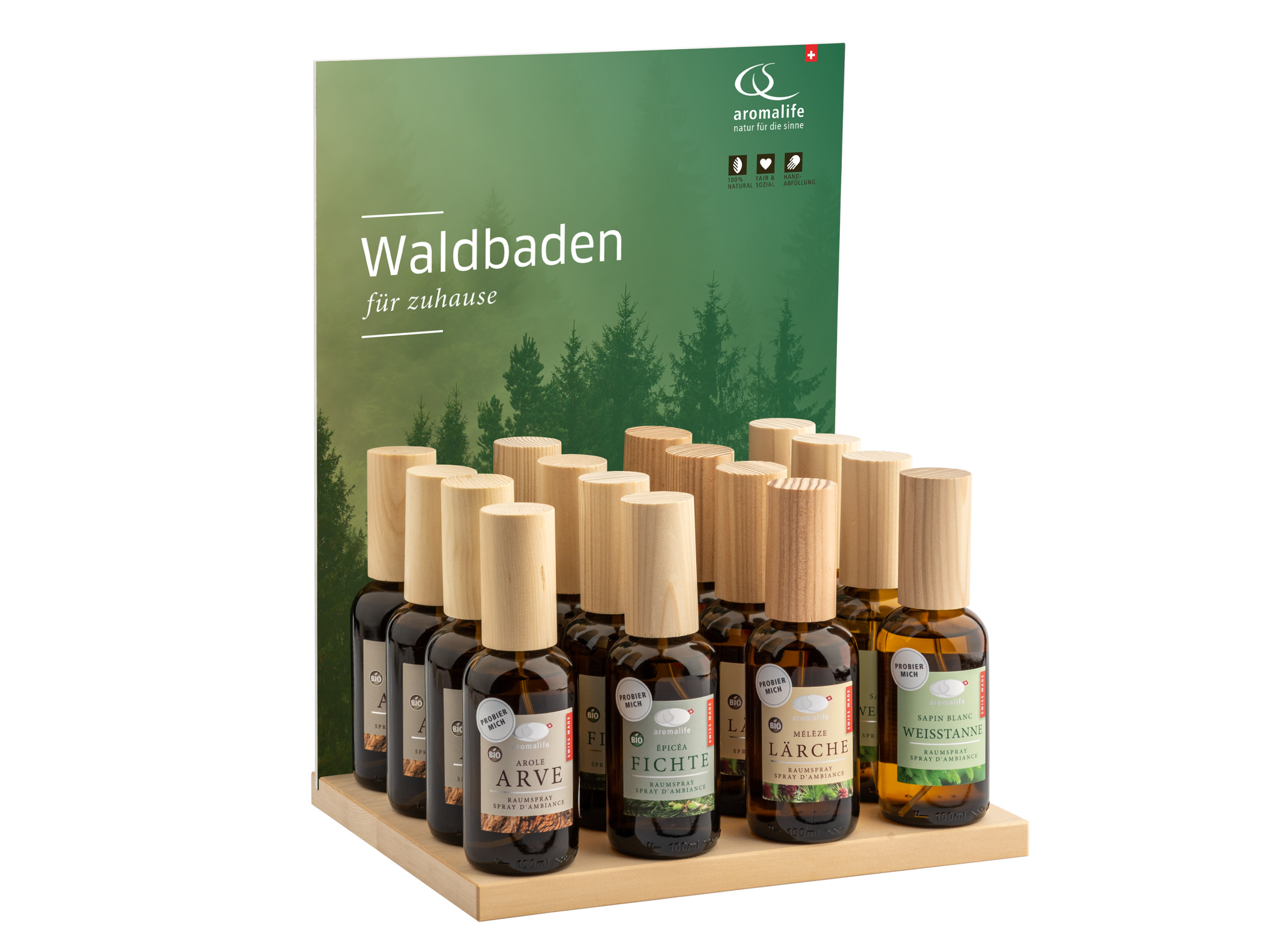 Packshot_AROMALIFE_Thekendisplay_Waldbaden_Raumspray