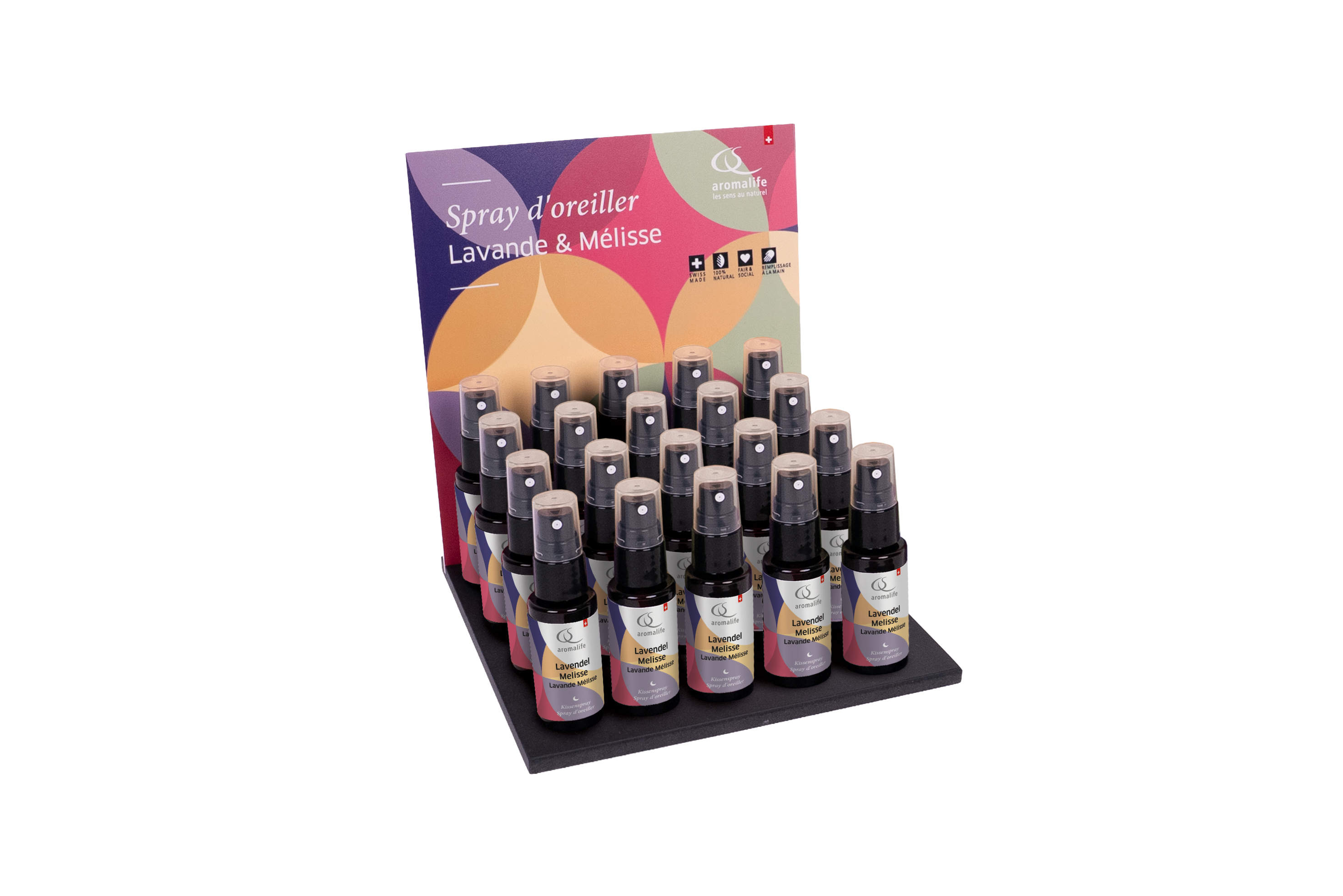 Packshot_AROMALIFE_Kissenspray_Thekendisplay_30ml_Lavendel_Melisse_f